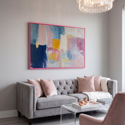 Navy, Blush & Mustard Geometric Canvas in pink floating frame