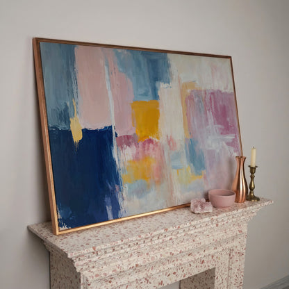 Navy, Blush & Mustard Geometric Canvas in rose gold floating frame