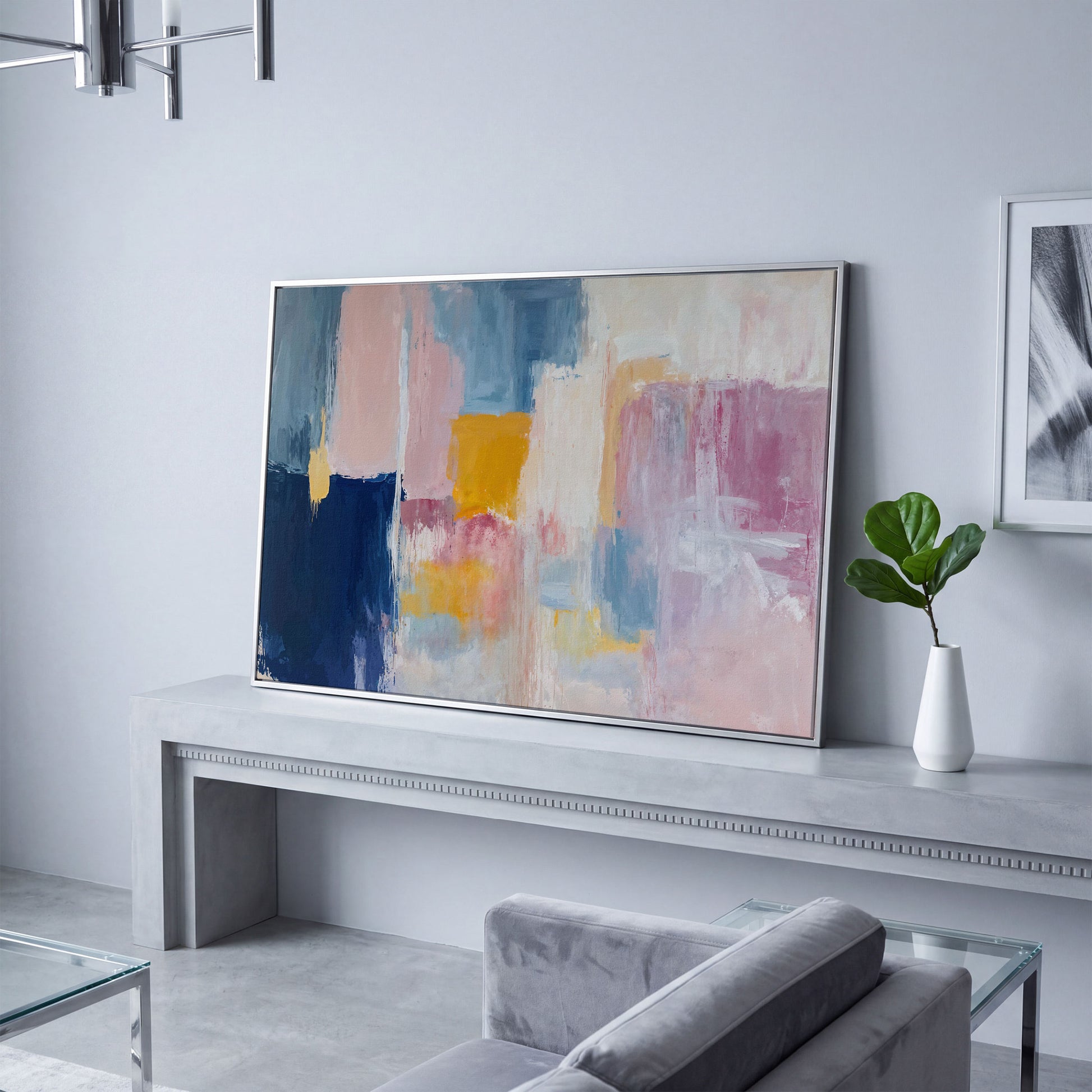Navy, Blush & Mustard Geometric Canvas in silver floating frame