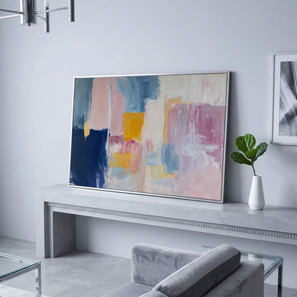 Navy, Blush & Mustard Geometric Canvas in silver floating frame