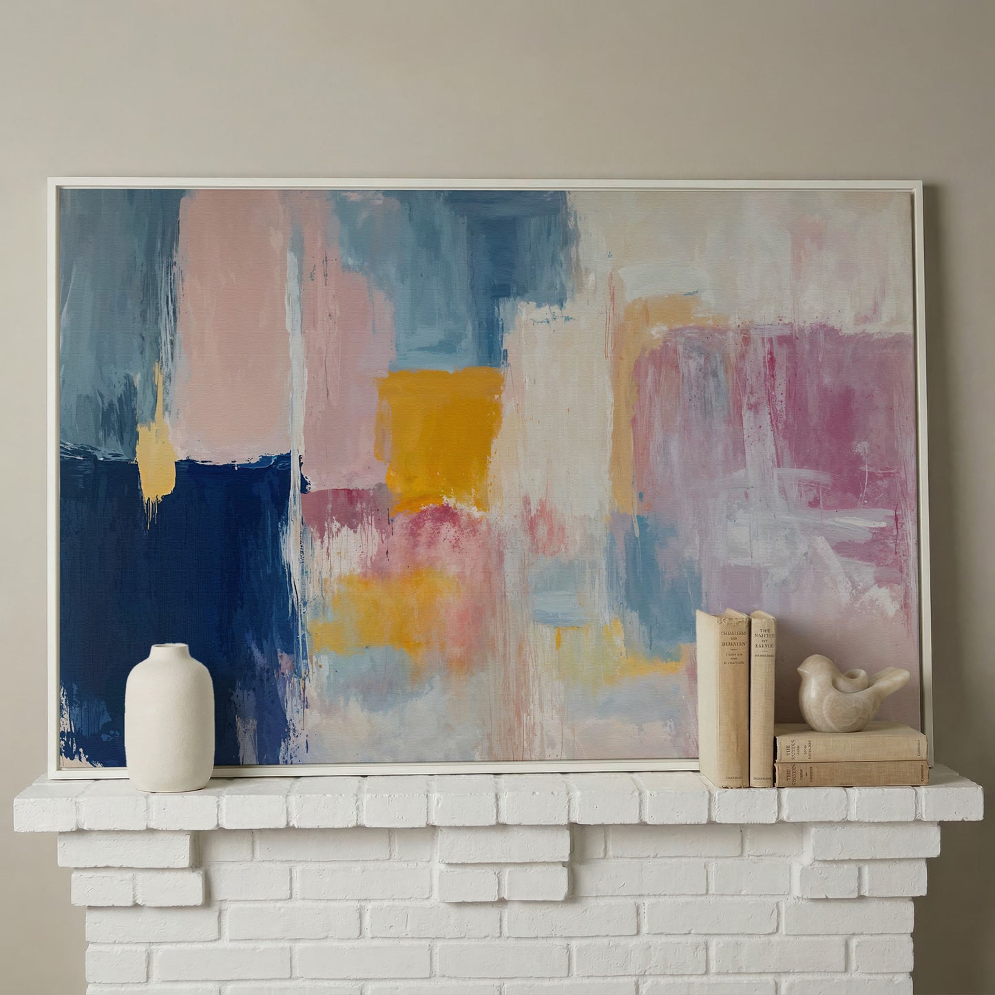 Navy, Blush & Mustard Geometric Canvas in white floating frame