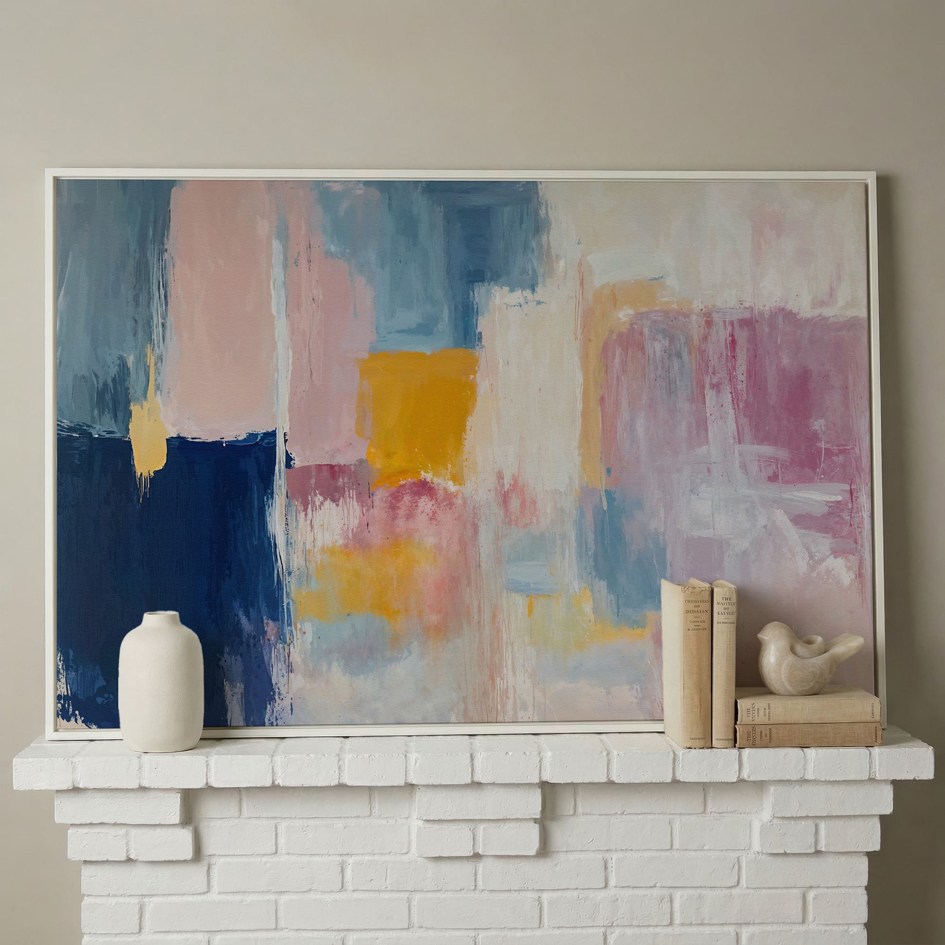 Navy, Blush & Mustard Geometric Canvas in white floating frame