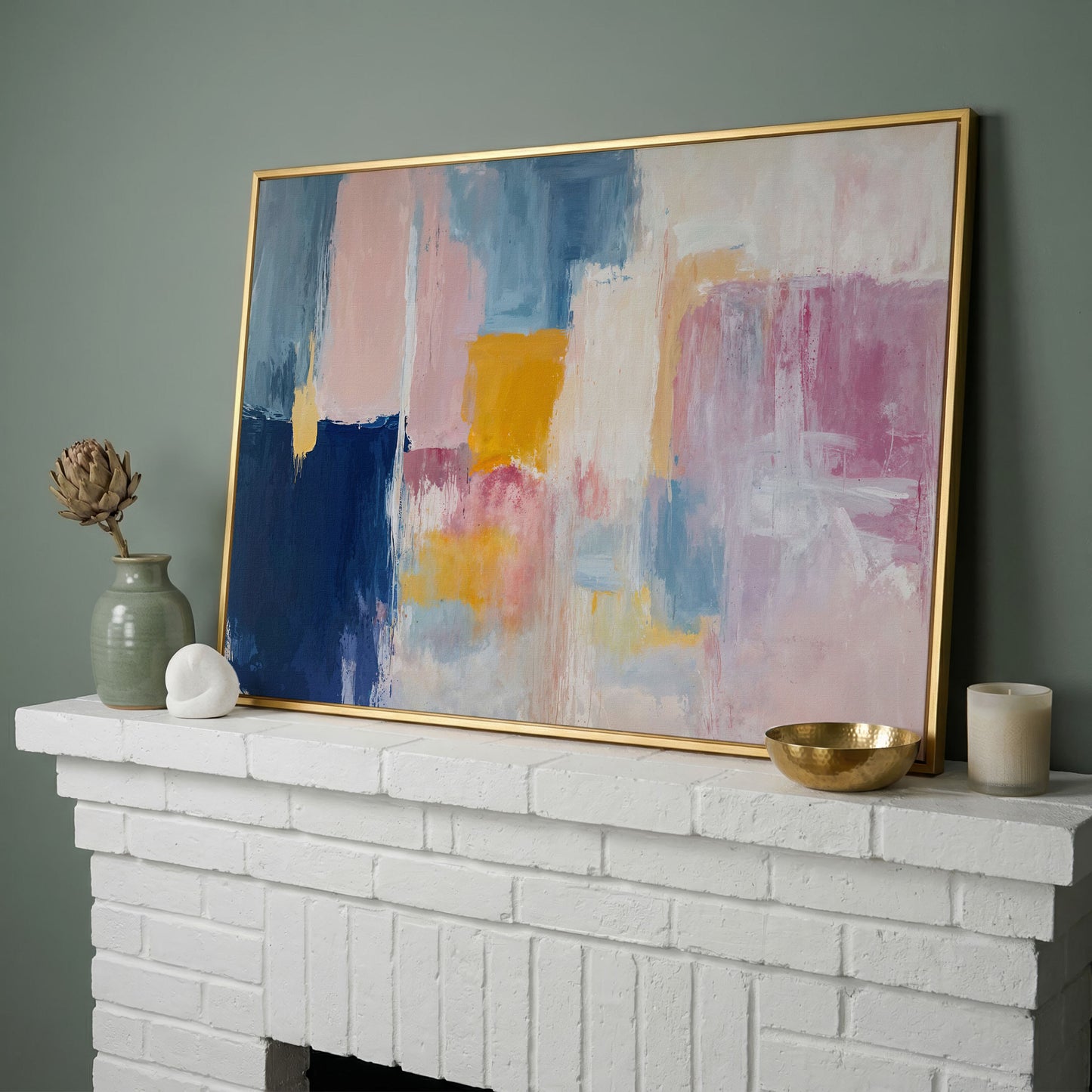 Navy, Blush & Mustard Geometric Canvas in yellow gold floating frame
