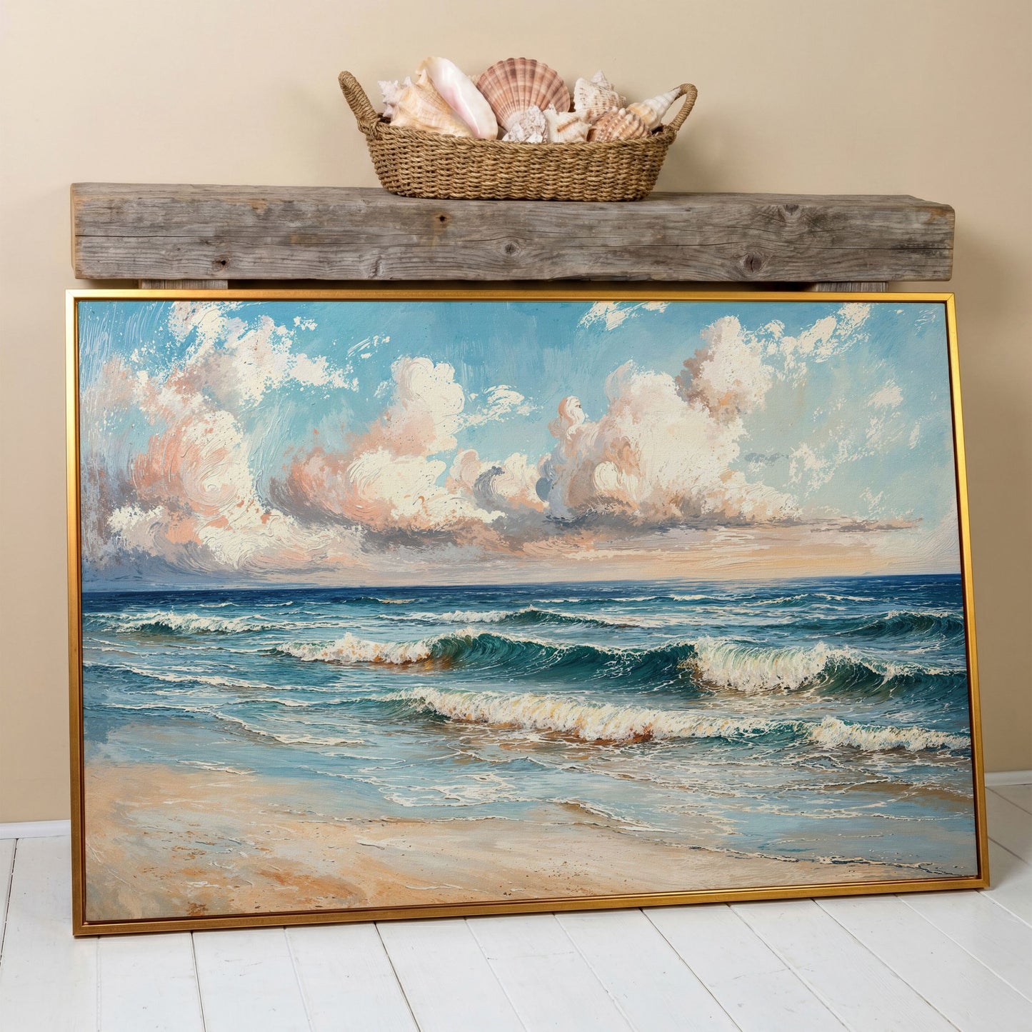 Coastal Seascape with Ocean Waves Canvas Print in antique gold floating frame