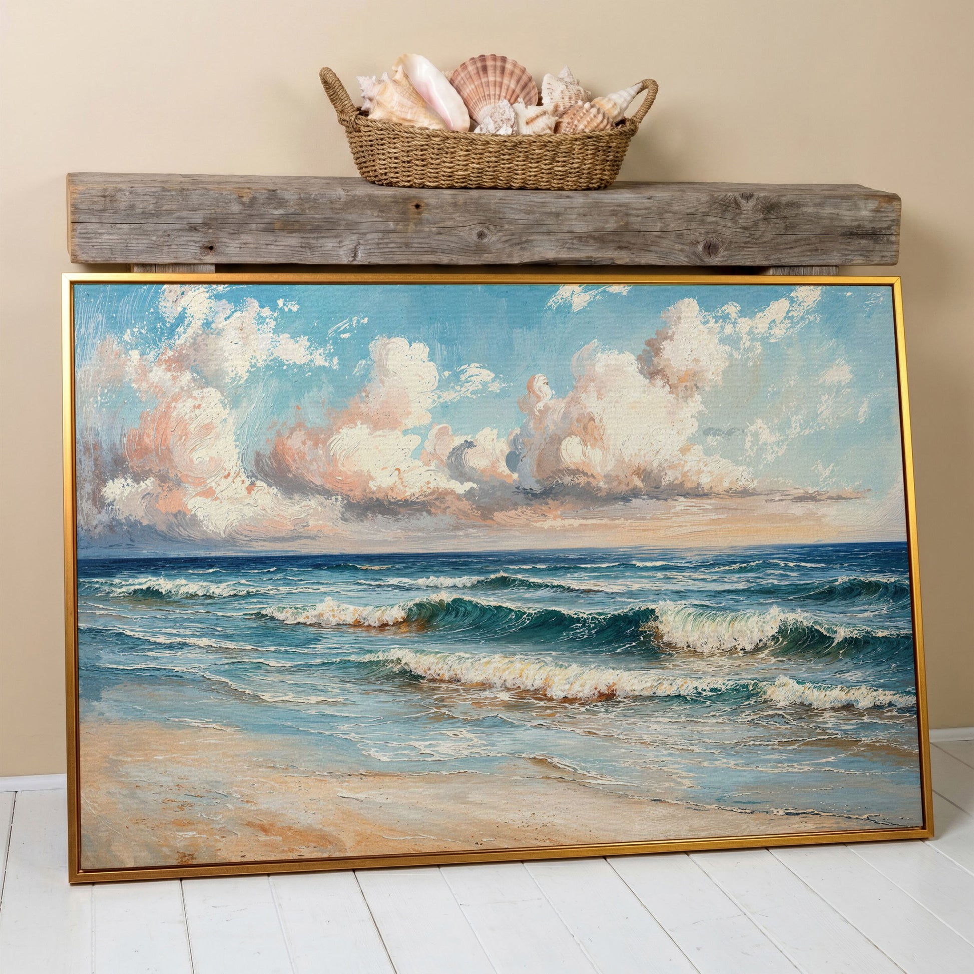 Coastal Seascape with Ocean Waves Canvas Print in antique gold floating frame