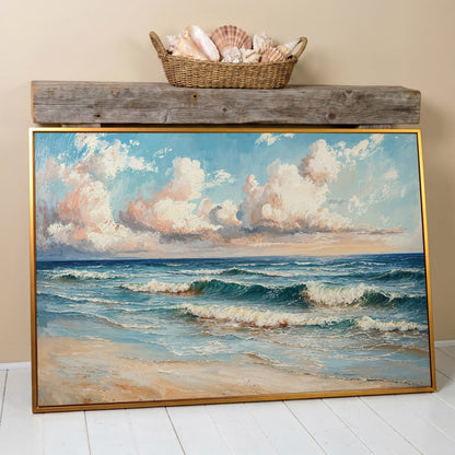 Coastal Seascape with Ocean Waves Canvas Print in antique gold floating frame
