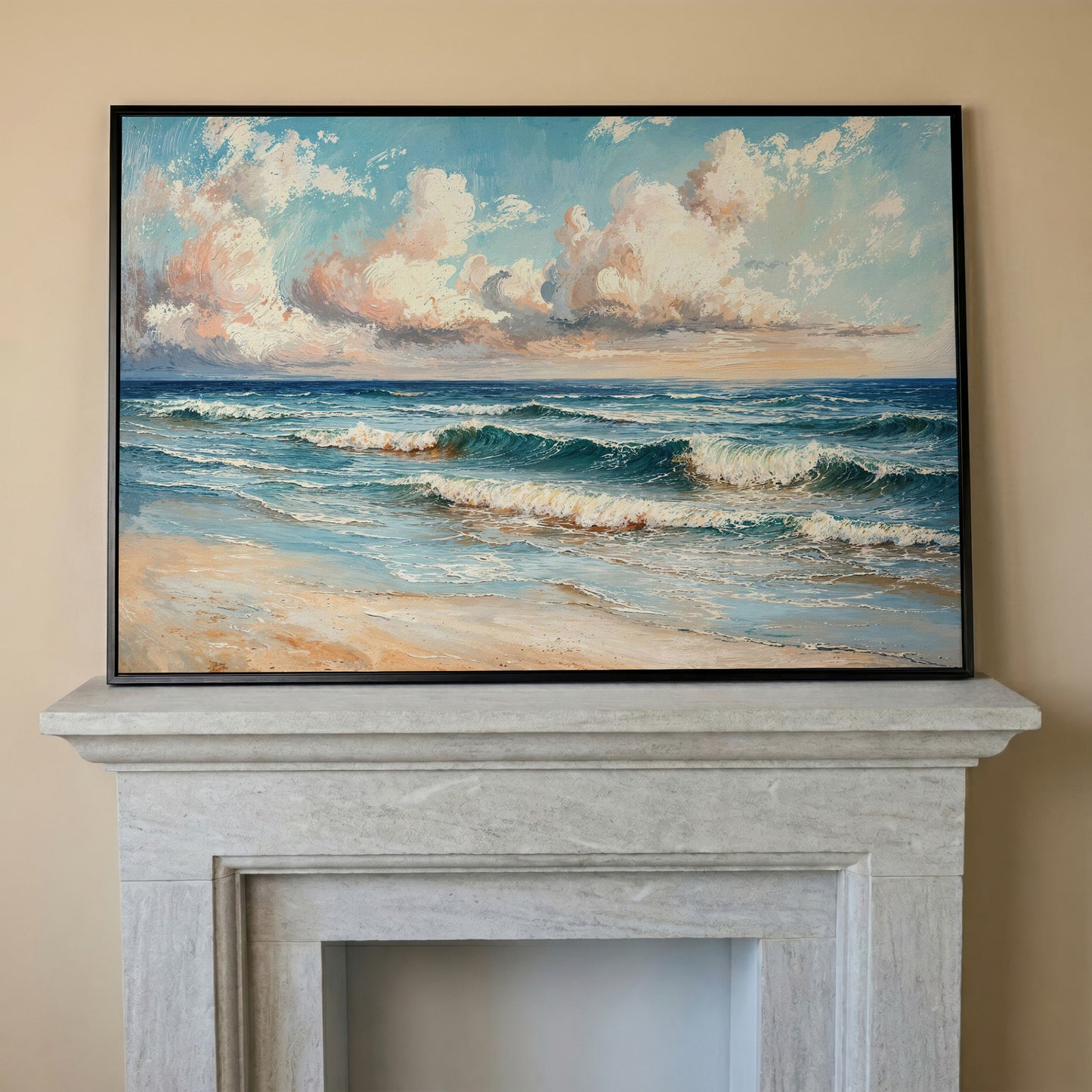 Coastal Seascape with Ocean Waves Canvas Print in black floating frame