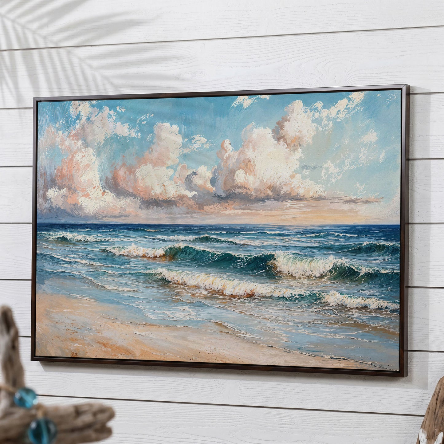 Coastal Seascape with Ocean Waves Canvas Print in dark walnut floating frame