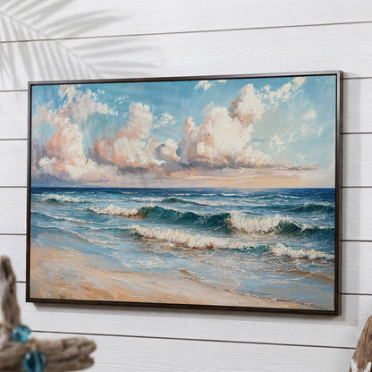 Coastal Seascape with Ocean Waves Canvas Print in dark walnut floating frame