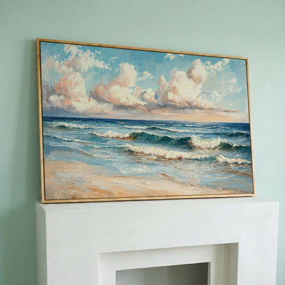Coastal Seascape with Ocean Waves Canvas Print in white oak floating frame