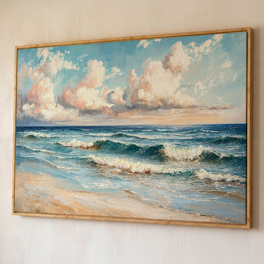 Coastal Seascape with Ocean Waves Canvas Print shown in white oak floating frame