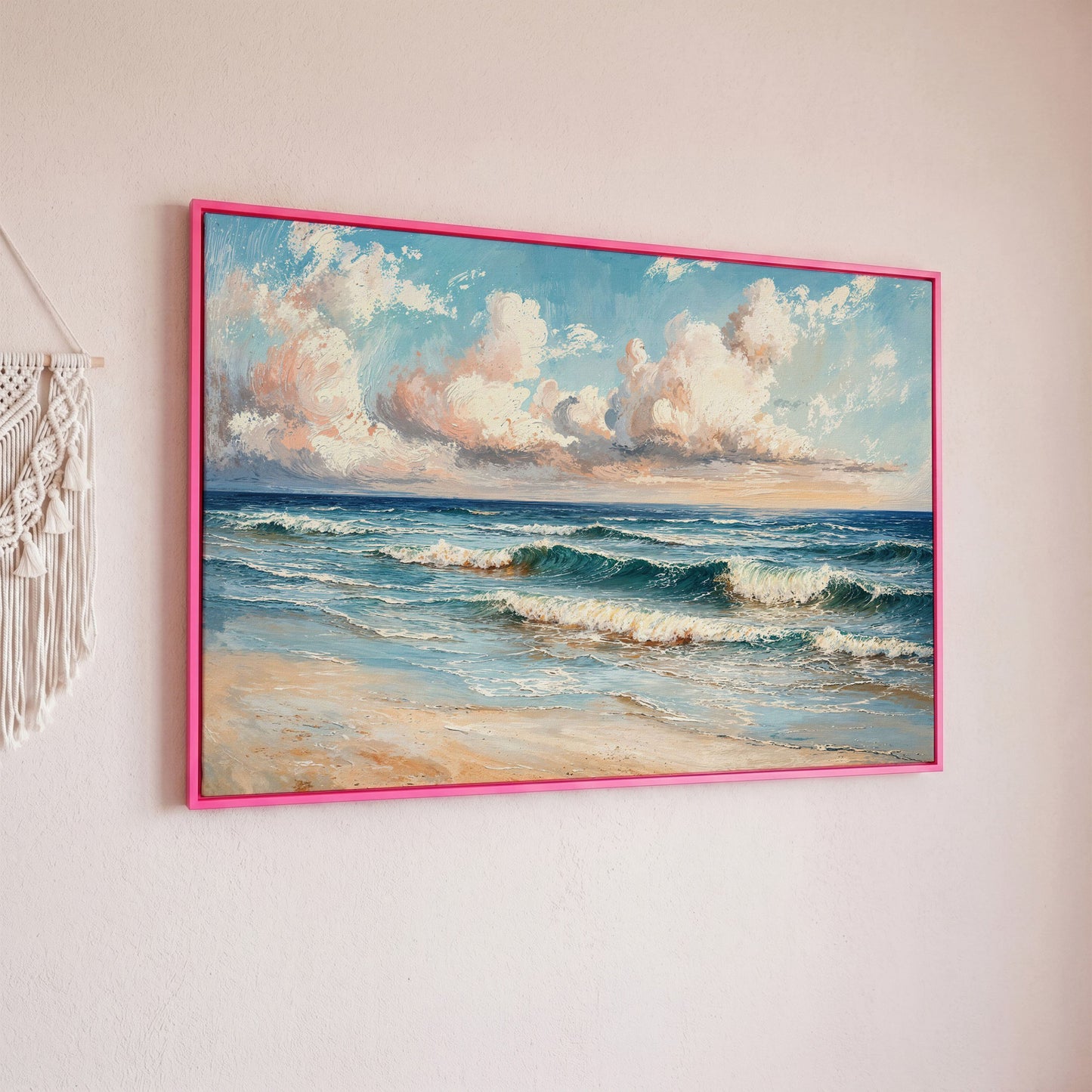 Coastal Seascape with Ocean Waves Canvas Print in pink floating frame