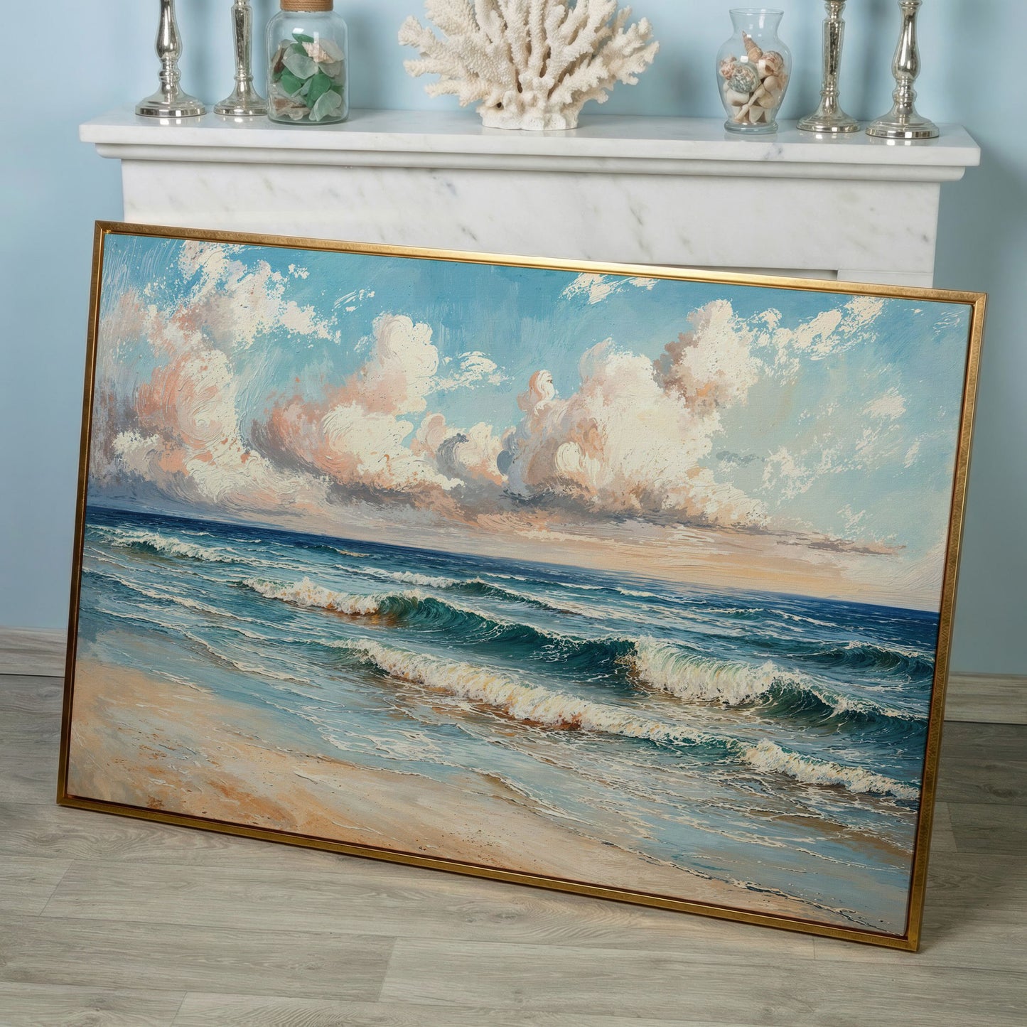 Coastal Seascape with Ocean Waves Canvas Print in rose gold floating frame
