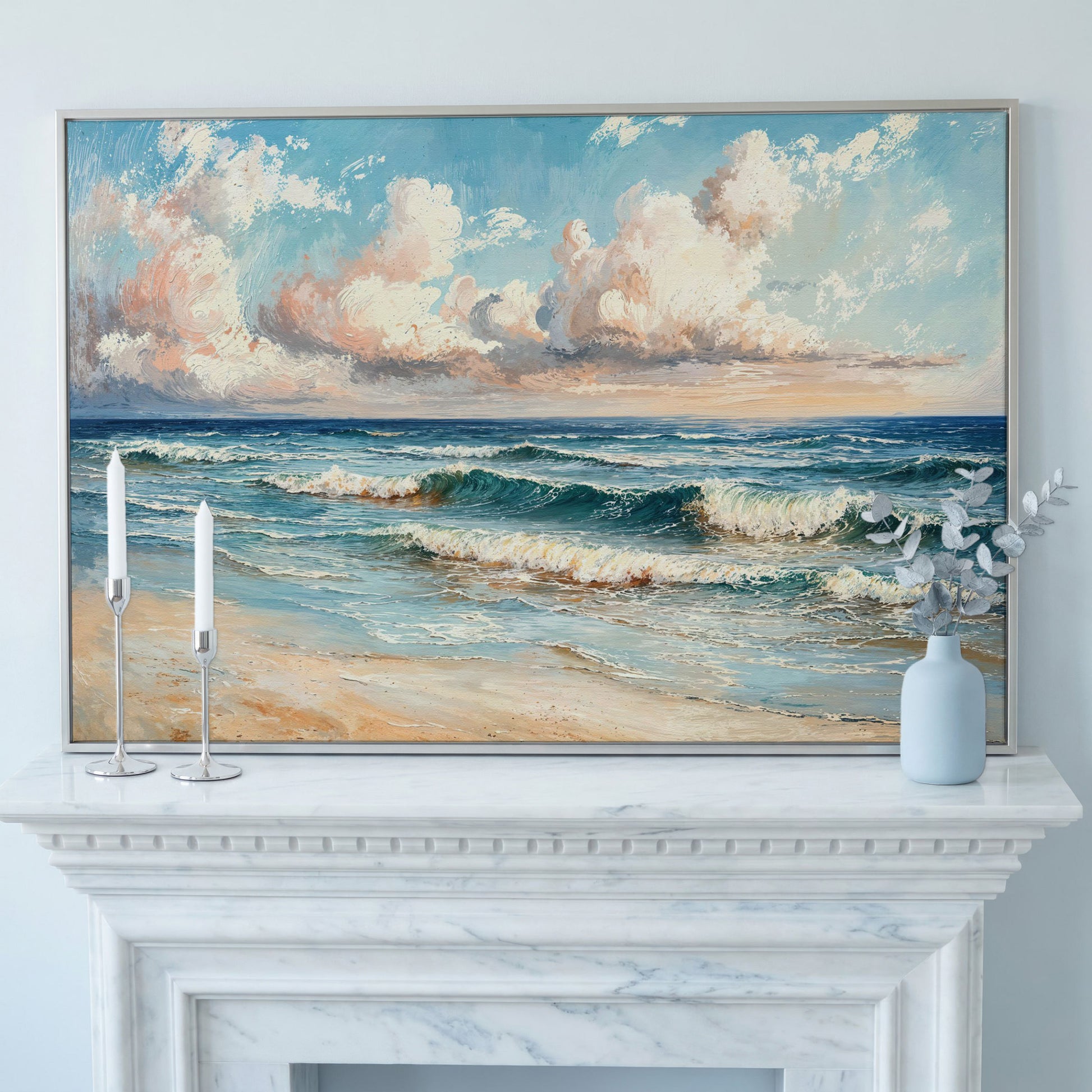 Coastal Seascape with Ocean Waves Canvas Print in silver floating frame