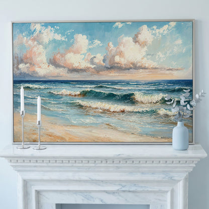 Coastal Seascape with Ocean Waves Canvas Print in silver floating frame