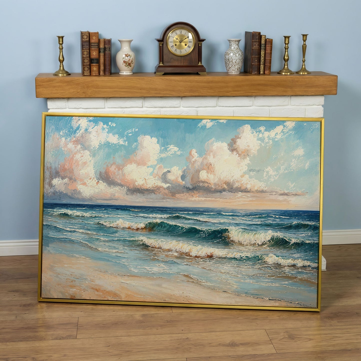 Coastal Seascape with Ocean Waves Canvas Print in yellow gold floating frame