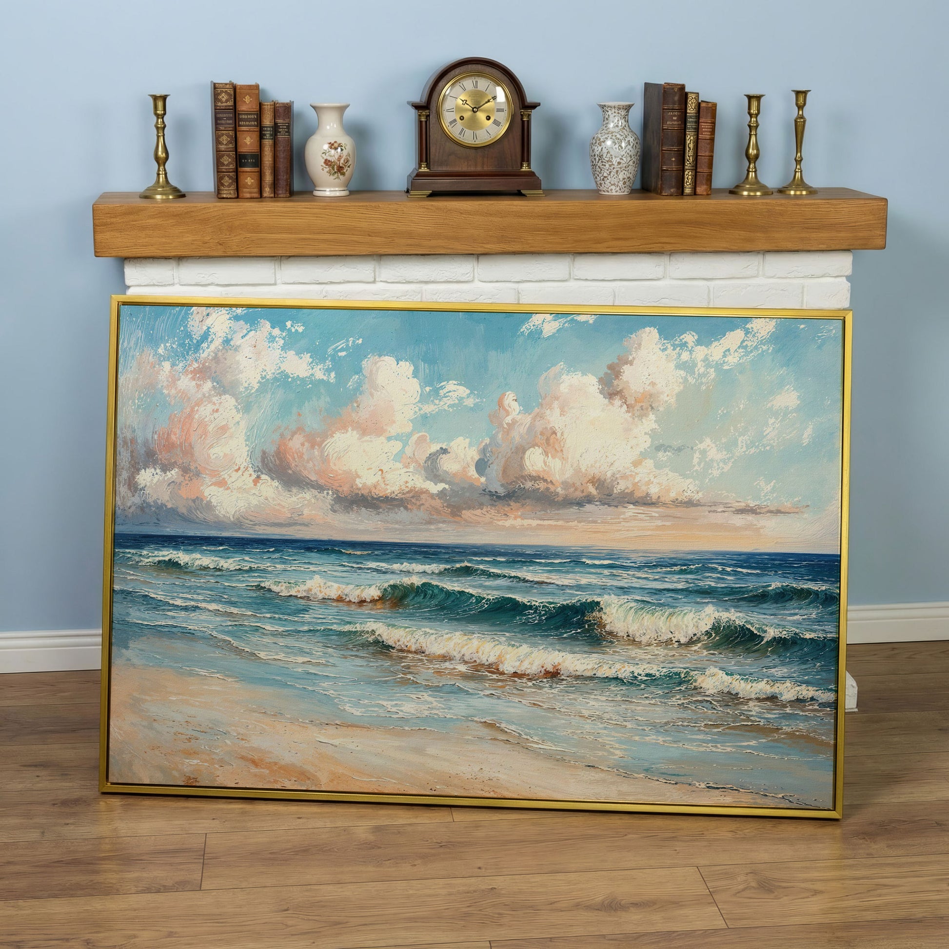 Coastal Seascape with Ocean Waves Canvas Print in yellow gold floating frame
