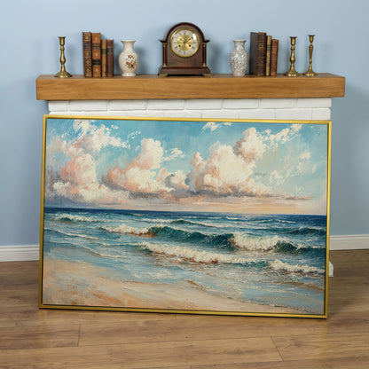 Coastal Seascape with Ocean Waves Canvas Print in yellow gold floating frame