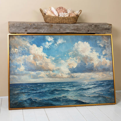 Tranquil Seascape Canvas Print in antique gold floating frame