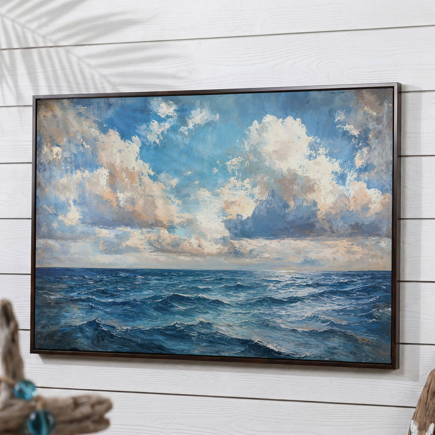 Tranquil Seascape Canvas Print in dark walnut floating frame