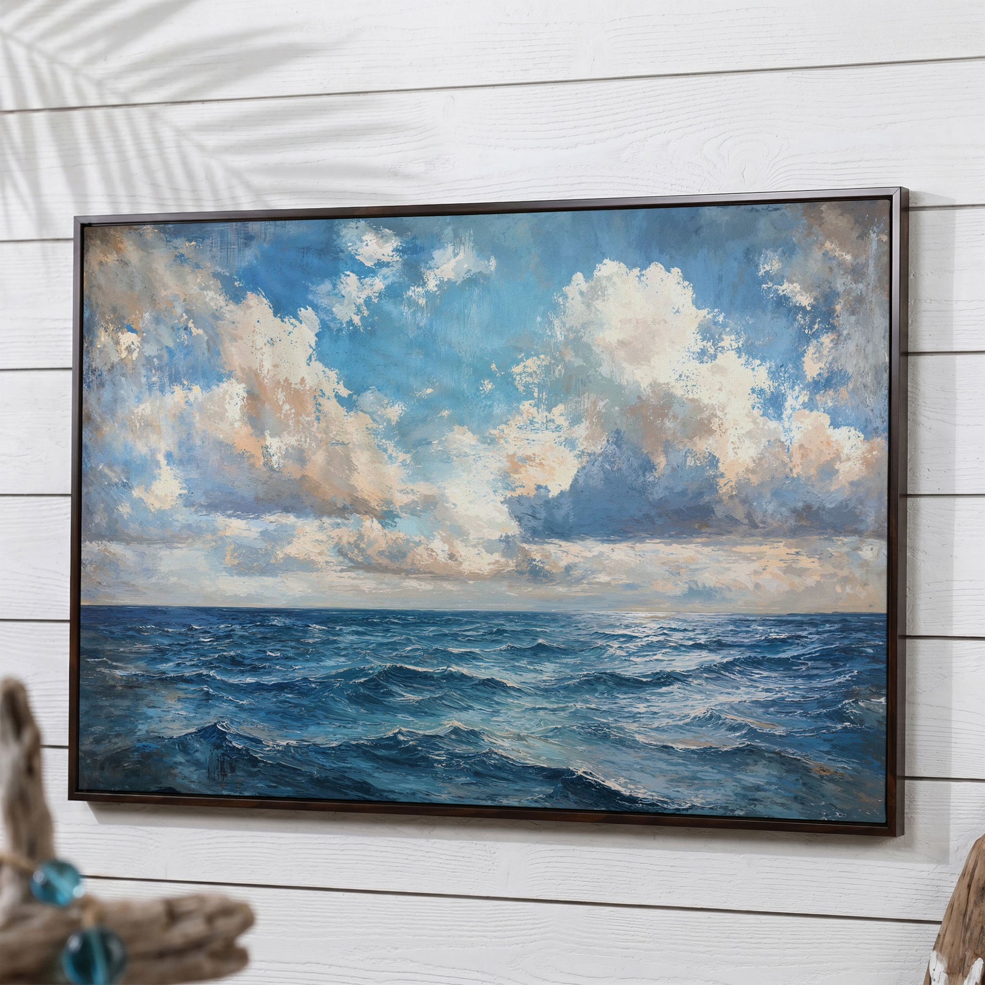 Tranquil Seascape Canvas Print in dark walnut floating frame