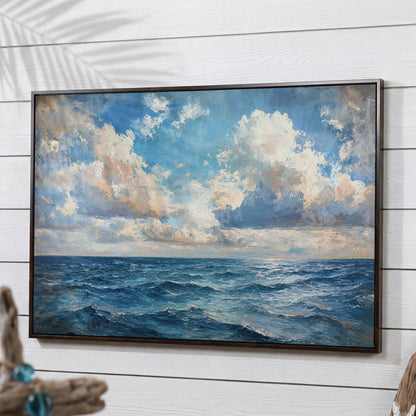 Tranquil Seascape Canvas Print in dark walnut floating frame