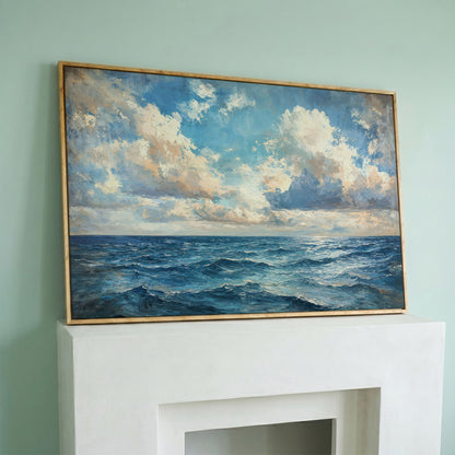 Tranquil Seascape Canvas Print in white oak floating frame
