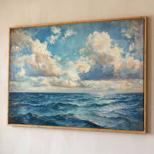 Tranquil Seascape Canvas Print shown in white oak floating frame