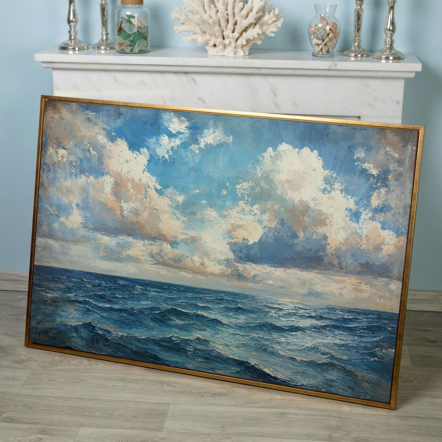 Tranquil Seascape Canvas Print in rose gold floating frame