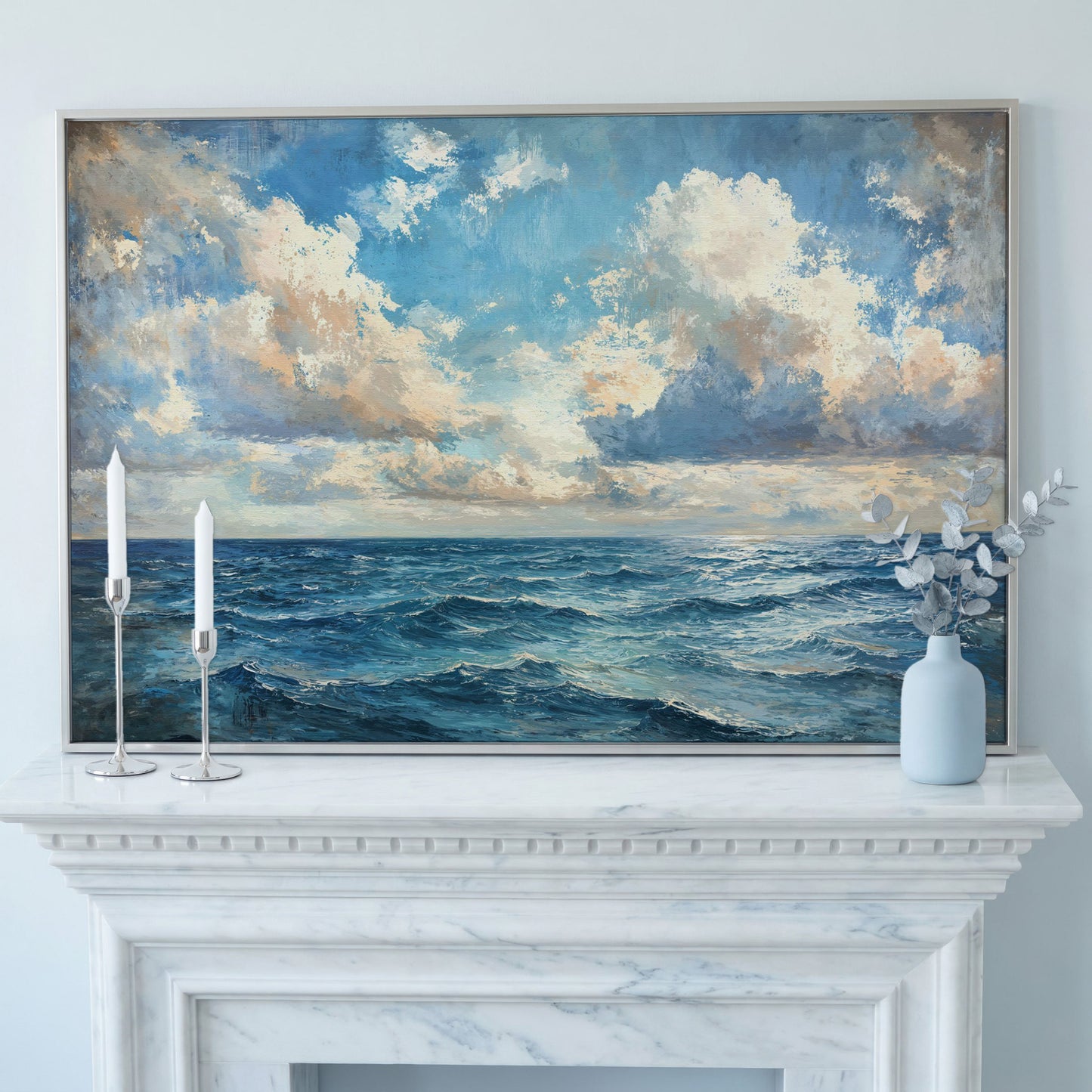 Tranquil Seascape Canvas Print in silver floating frame