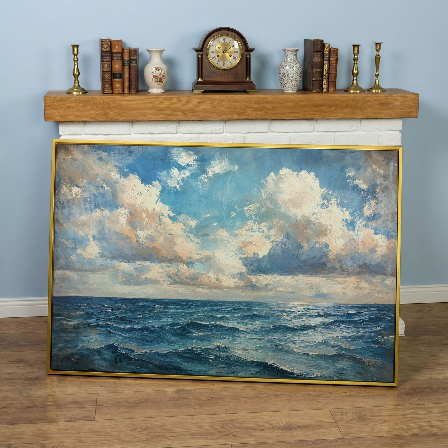 Tranquil Seascape Canvas Print in yellow gold floating frame