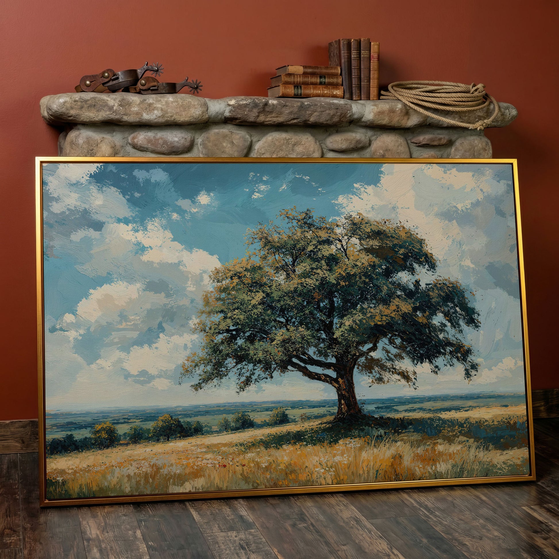Majestic Tree Countryside Canvas Wall Art in antique gold floating frame