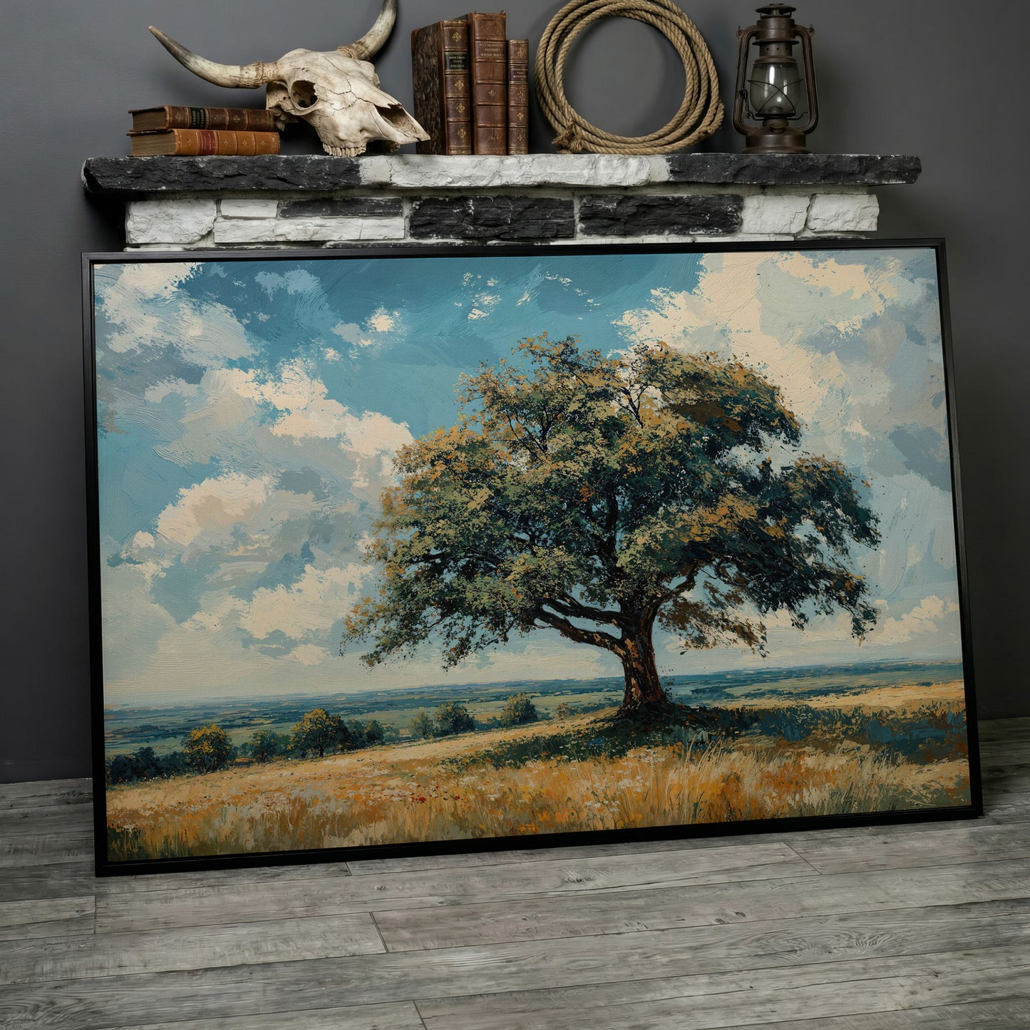 Majestic Tree Countryside Canvas Wall Art in black floating frame