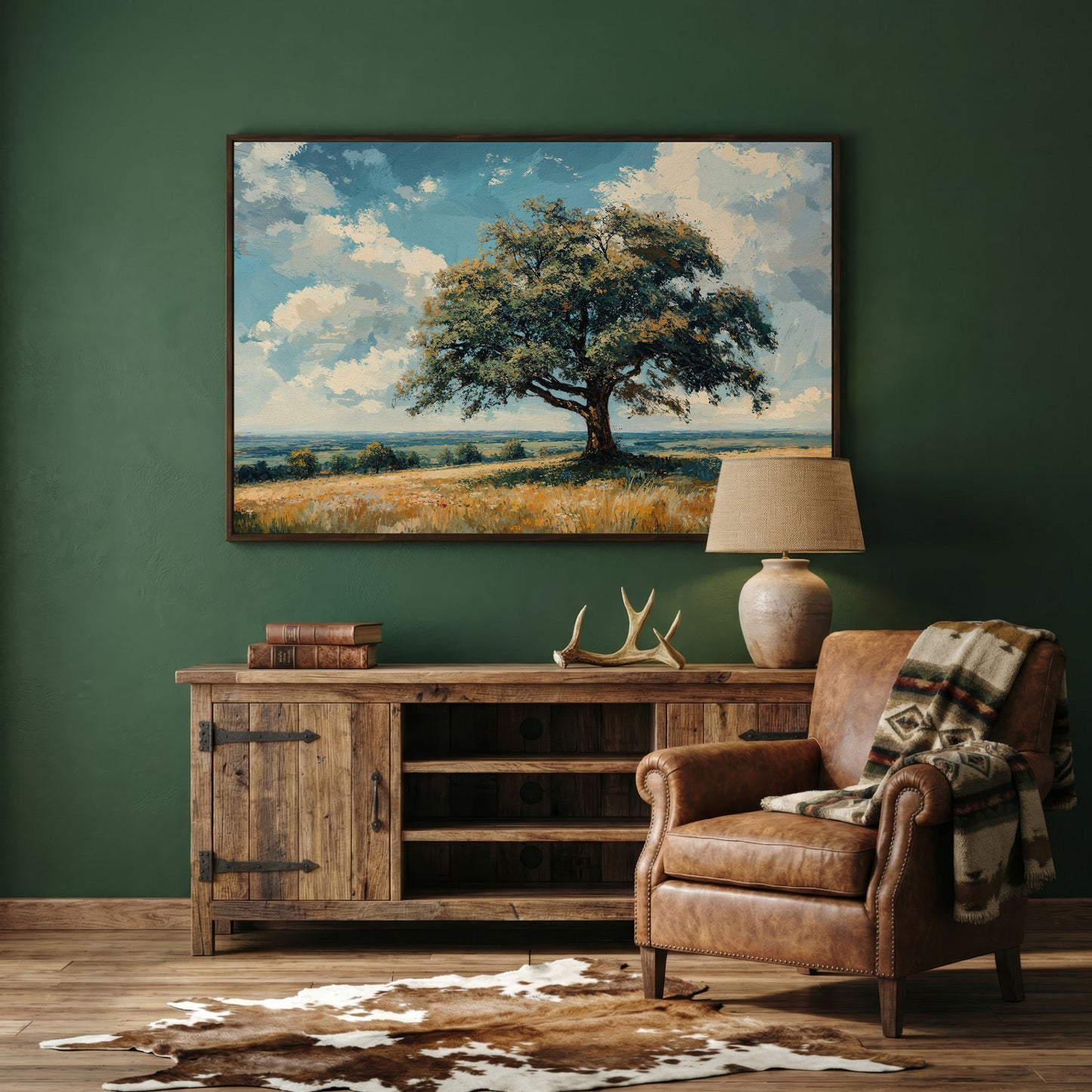 Majestic Tree Countryside Canvas Wall Art in dark walnut floating frame