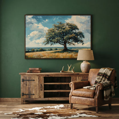 Majestic Tree Countryside Canvas Wall Art in dark walnut floating frame