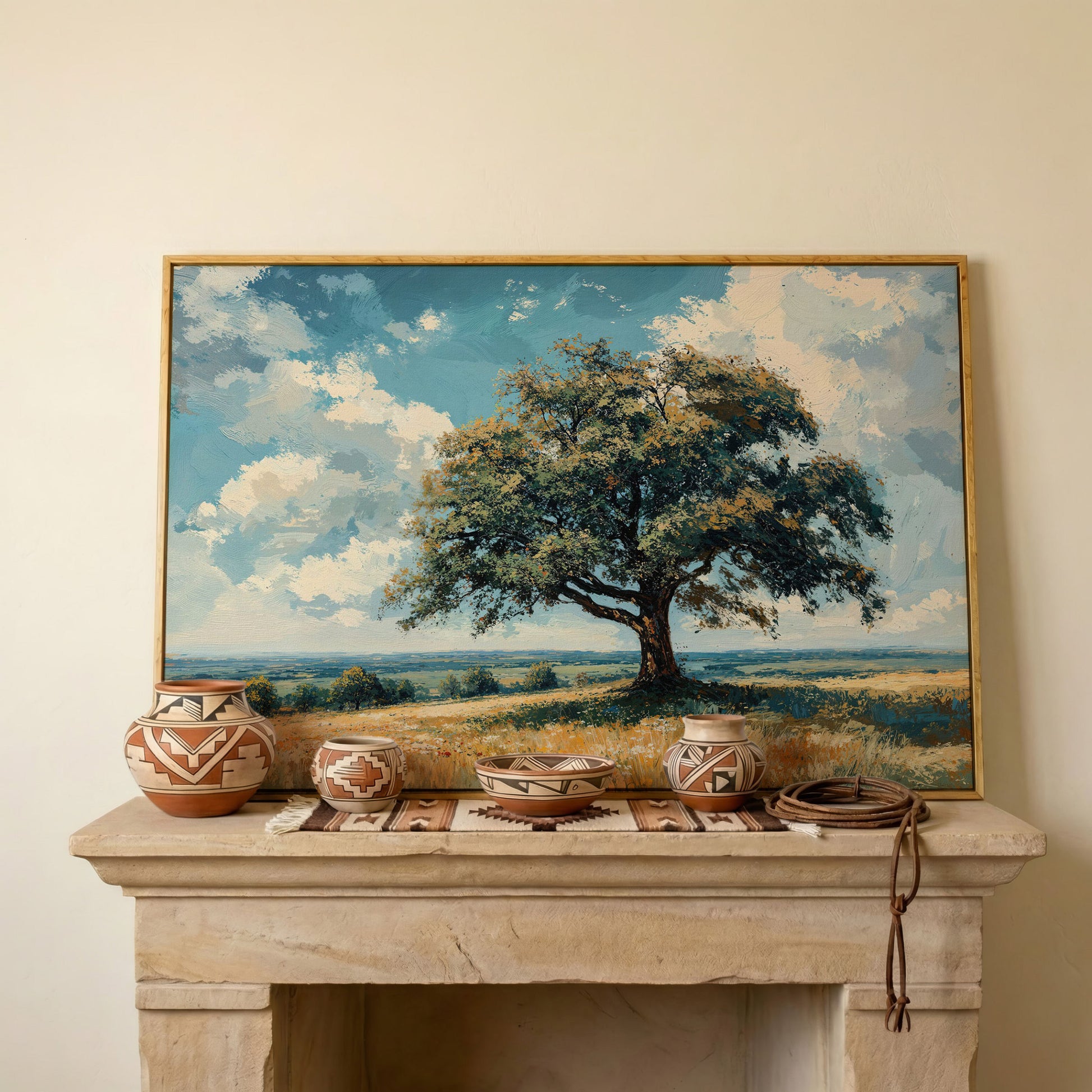 Majestic Tree Countryside Canvas Wall Art in white oak floating frame