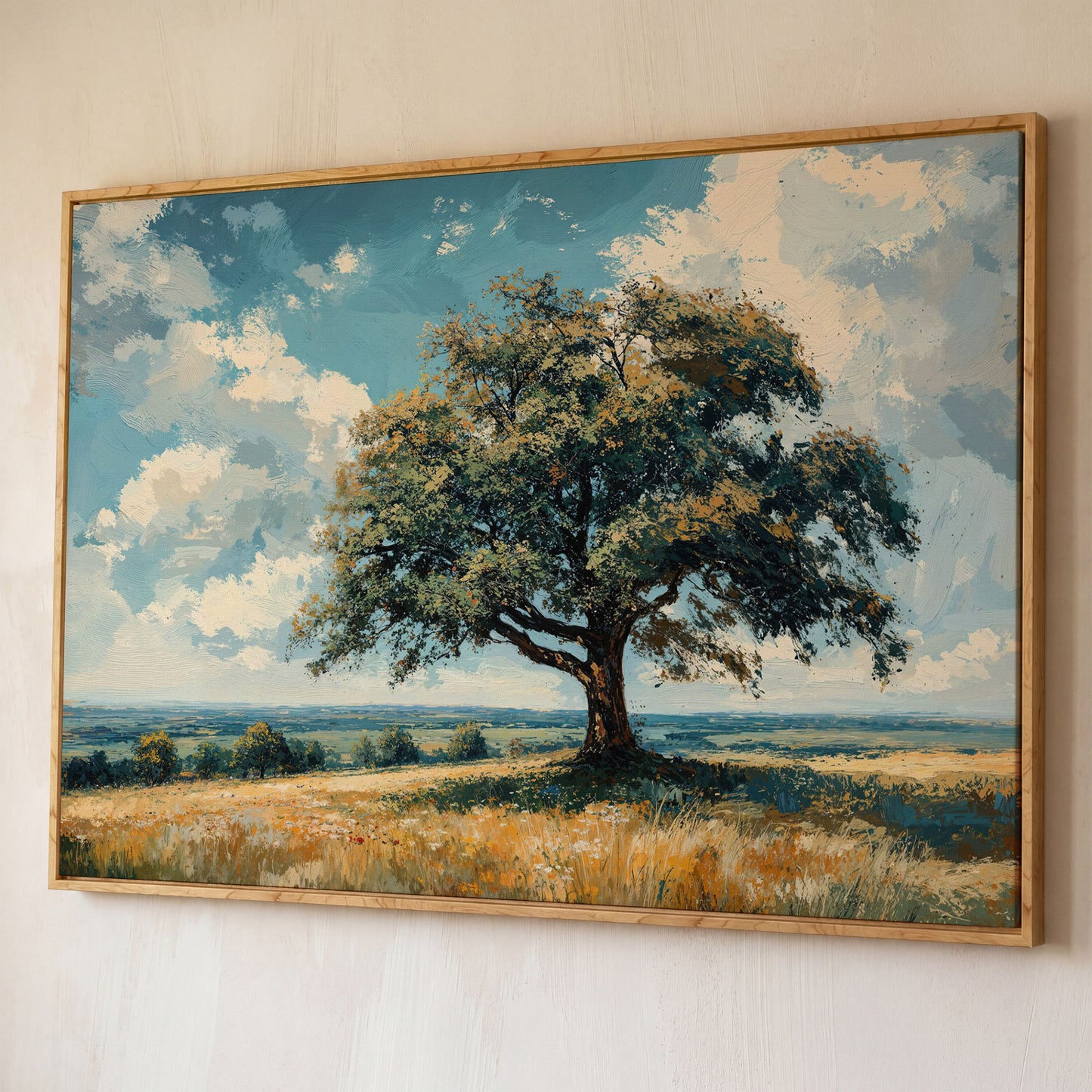 Majestic Tree Countryside Canvas Wall Art shown in white oak floating frame