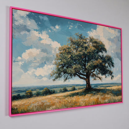 Majestic Tree Countryside Canvas Wall Art in pink floating frame
