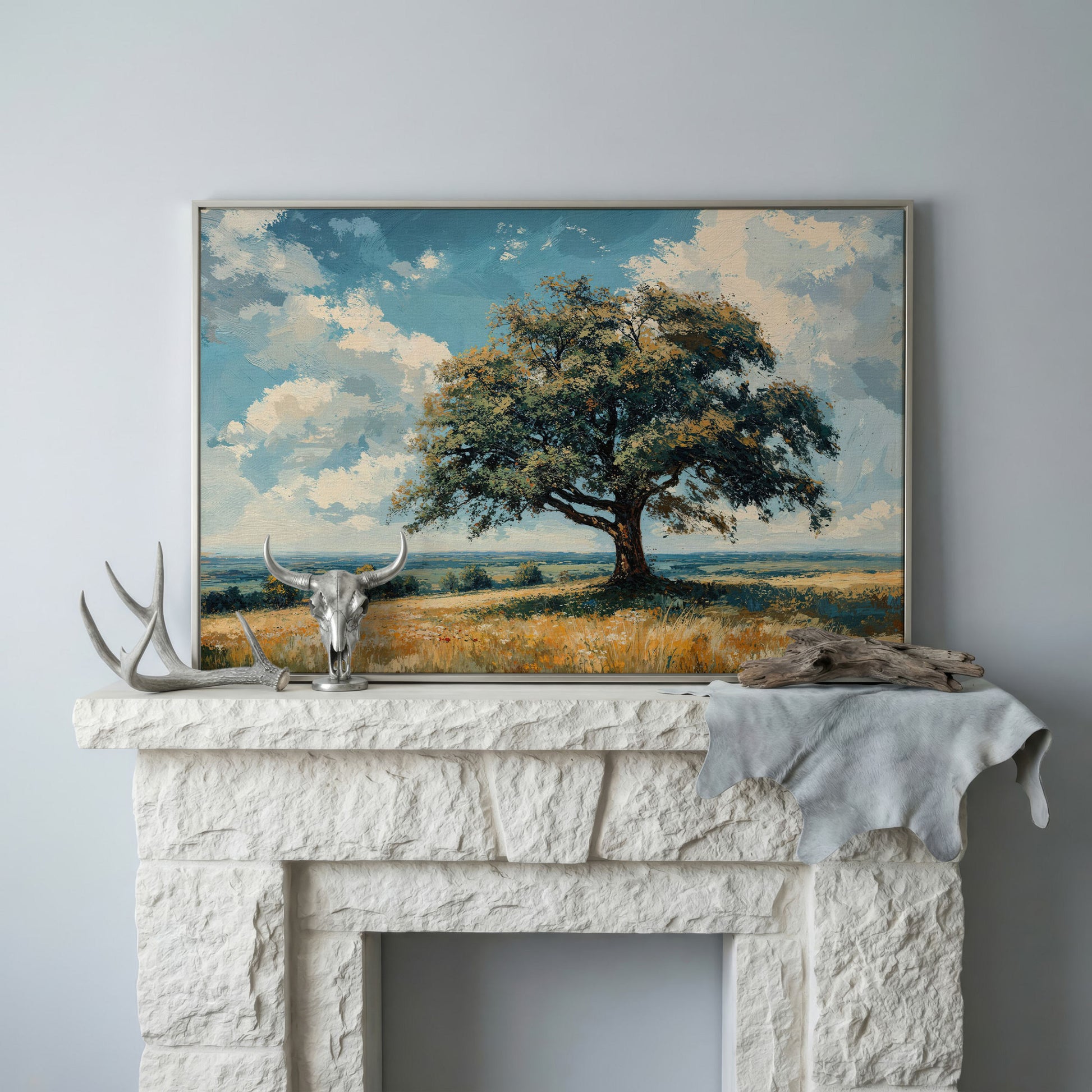 Majestic Tree Countryside Canvas Wall Art in silver floating frame