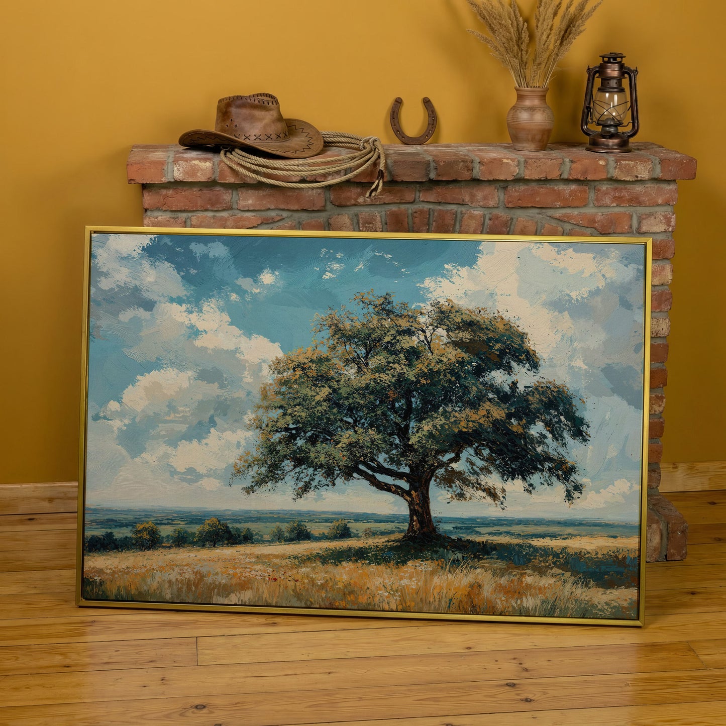 Majestic Tree Countryside Canvas Wall Art in yellow gold floating frame