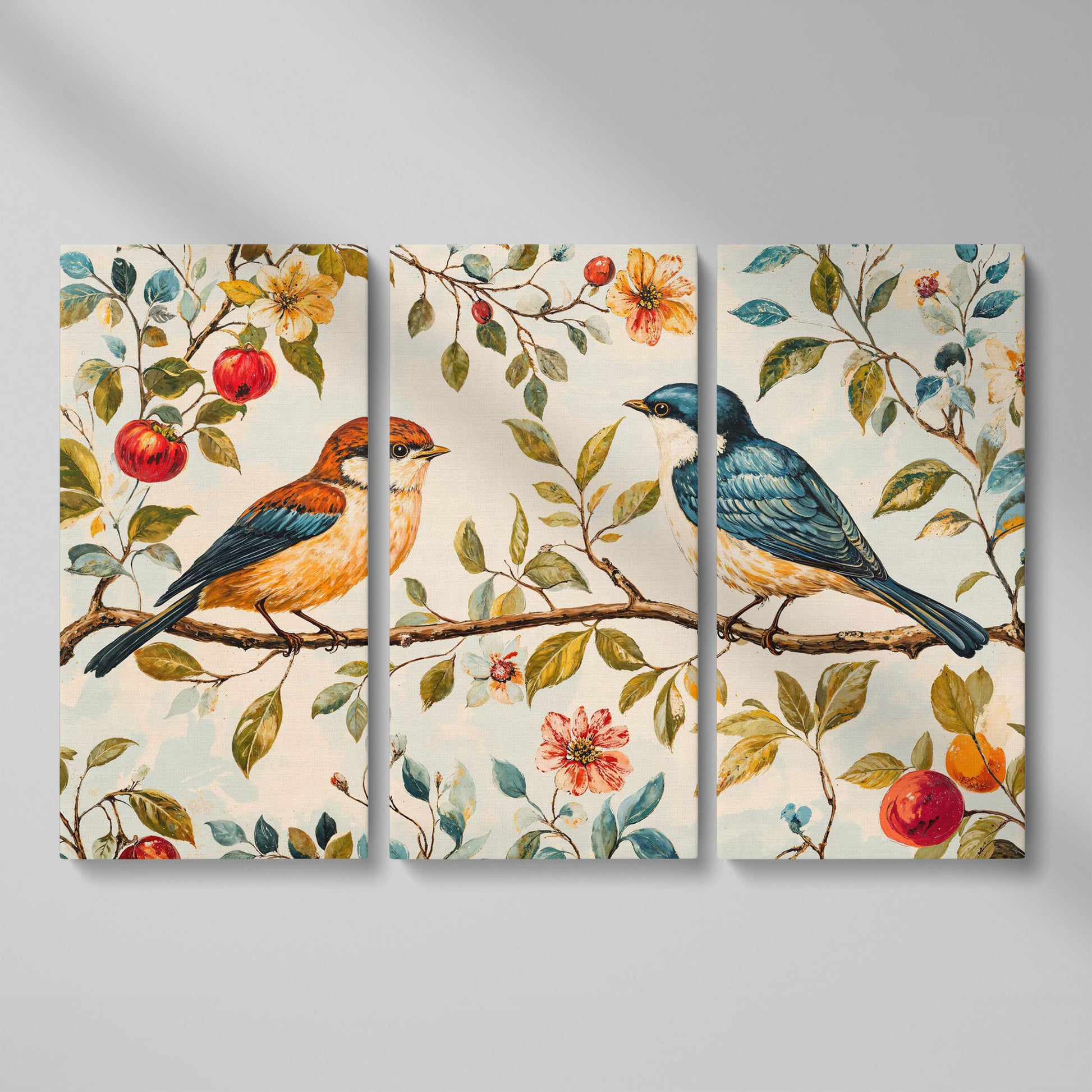 Birds on Flower Branch Canvas Print in Teal and Burnt Orange as 3-panel split version