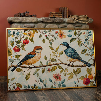 Birds on Flower Branch Canvas Print in Teal and Burnt Orange in antique gold floating frame
