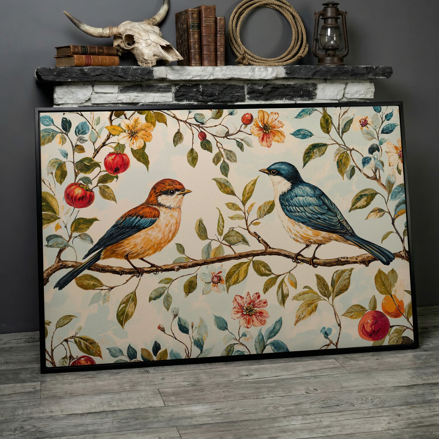 Birds on Flower Branch Canvas Print in Teal and Burnt Orange in black floating frame