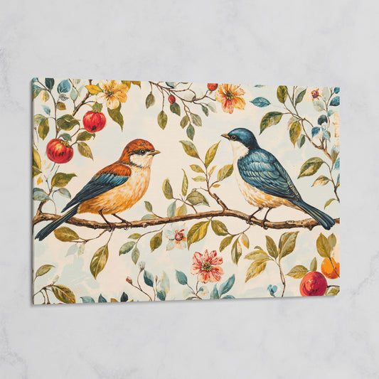 Birds on Flower Branch Canvas Print in Teal and Burnt Orange on gallery wrap