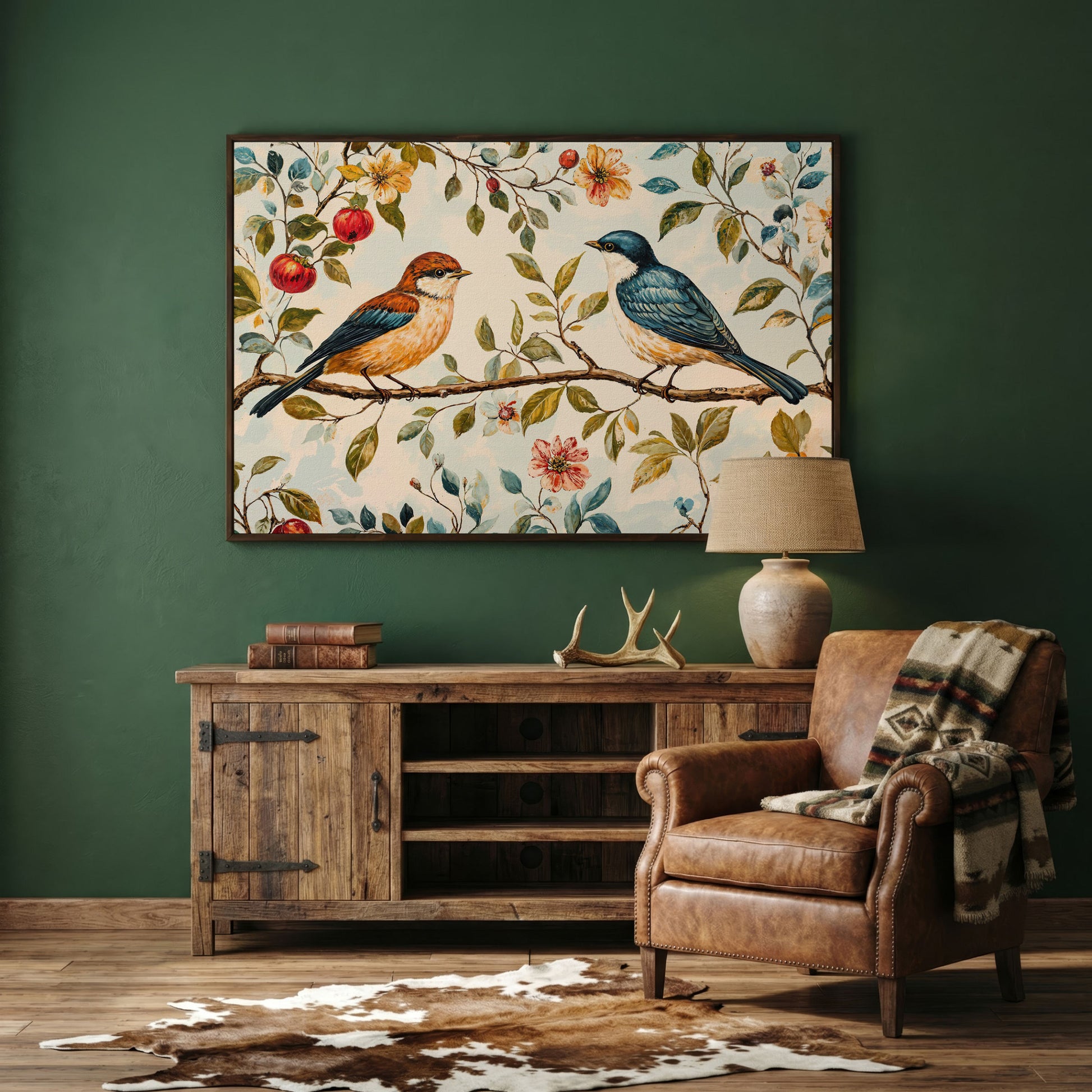 Birds on Flower Branch Canvas Print in Teal and Burnt Orange in dark walnut floating frame