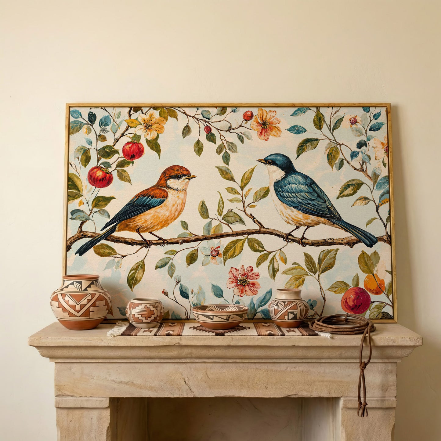 Birds on Flower Branch Canvas Print in Teal and Burnt Orange in white oak floating frame