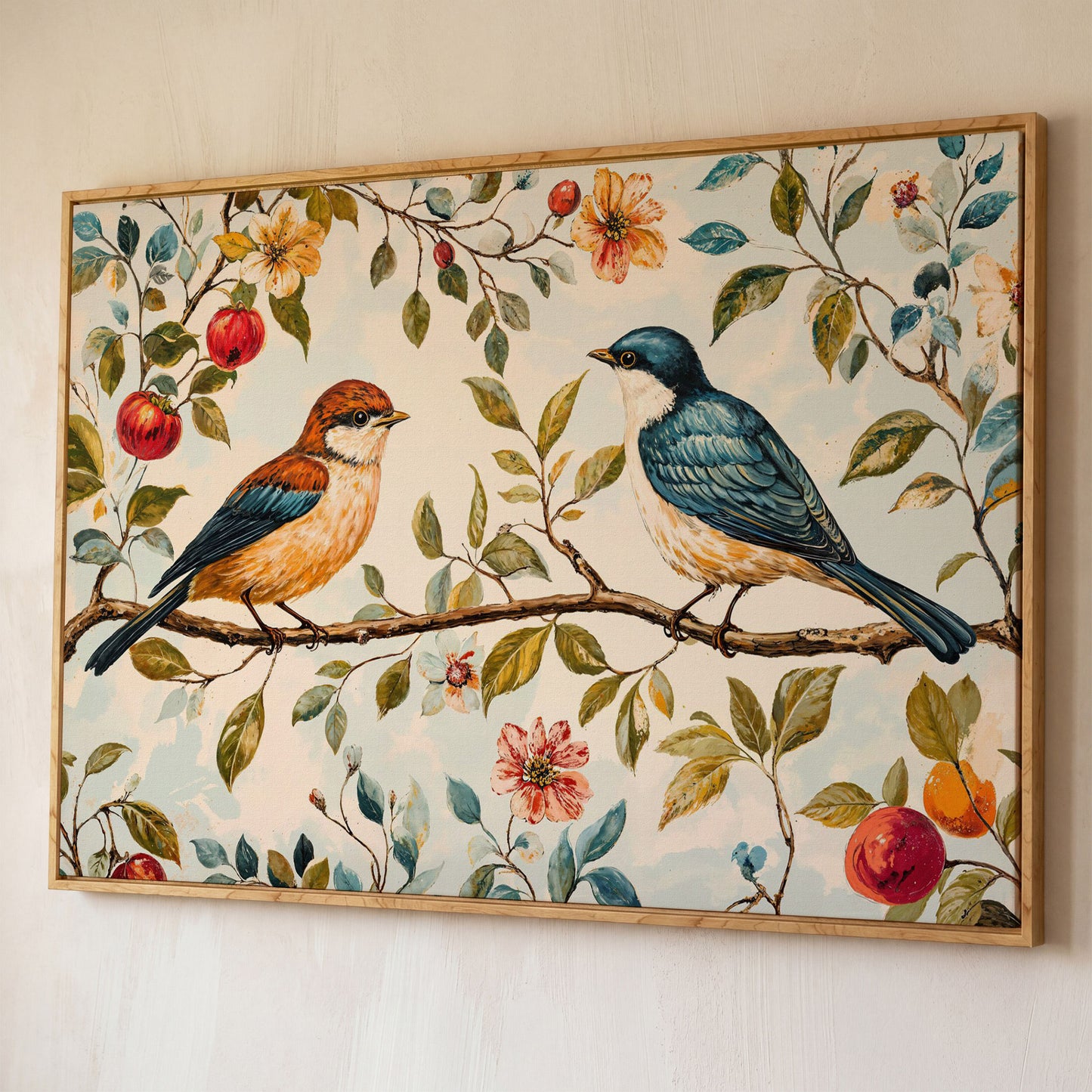 Birds on Flower Branch Canvas Print in Teal and Burnt Orange shown in white oak floating frame