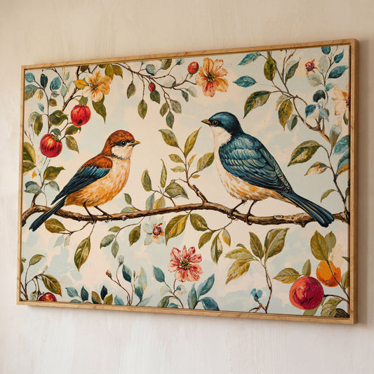 Birds on Flower Branch Canvas Print in Teal and Burnt Orange shown in white oak floating frame