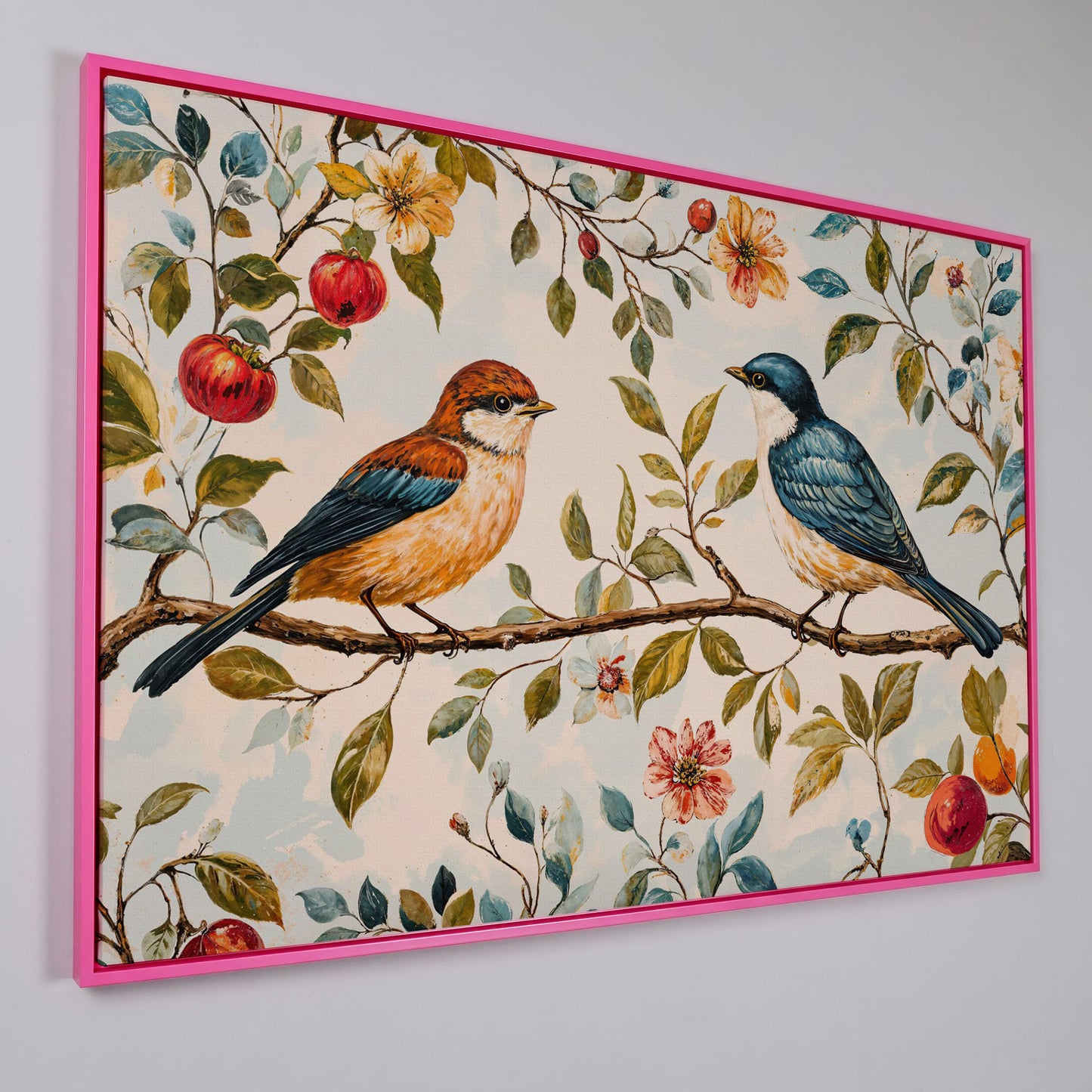 Birds on Flower Branch Canvas Print in Teal and Burnt Orange in pink floating frame