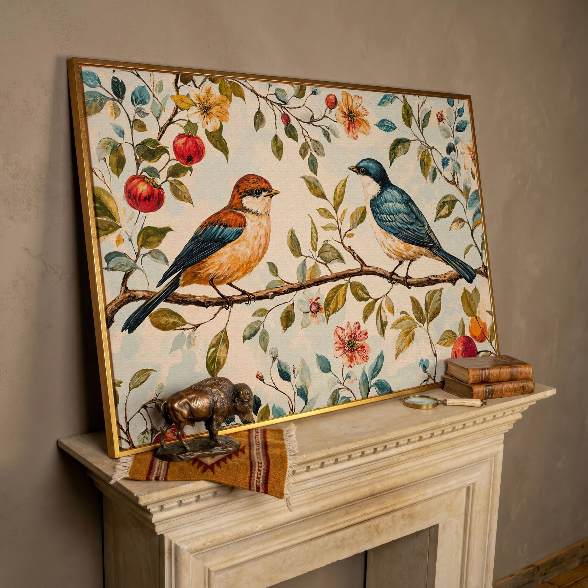 Birds on Flower Branch Canvas Print in Teal and Burnt Orange in rose gold floating frame